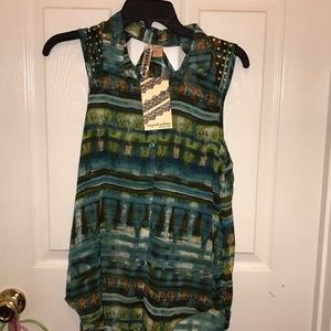 Eyeshadow teal brown multi-color button down shirt